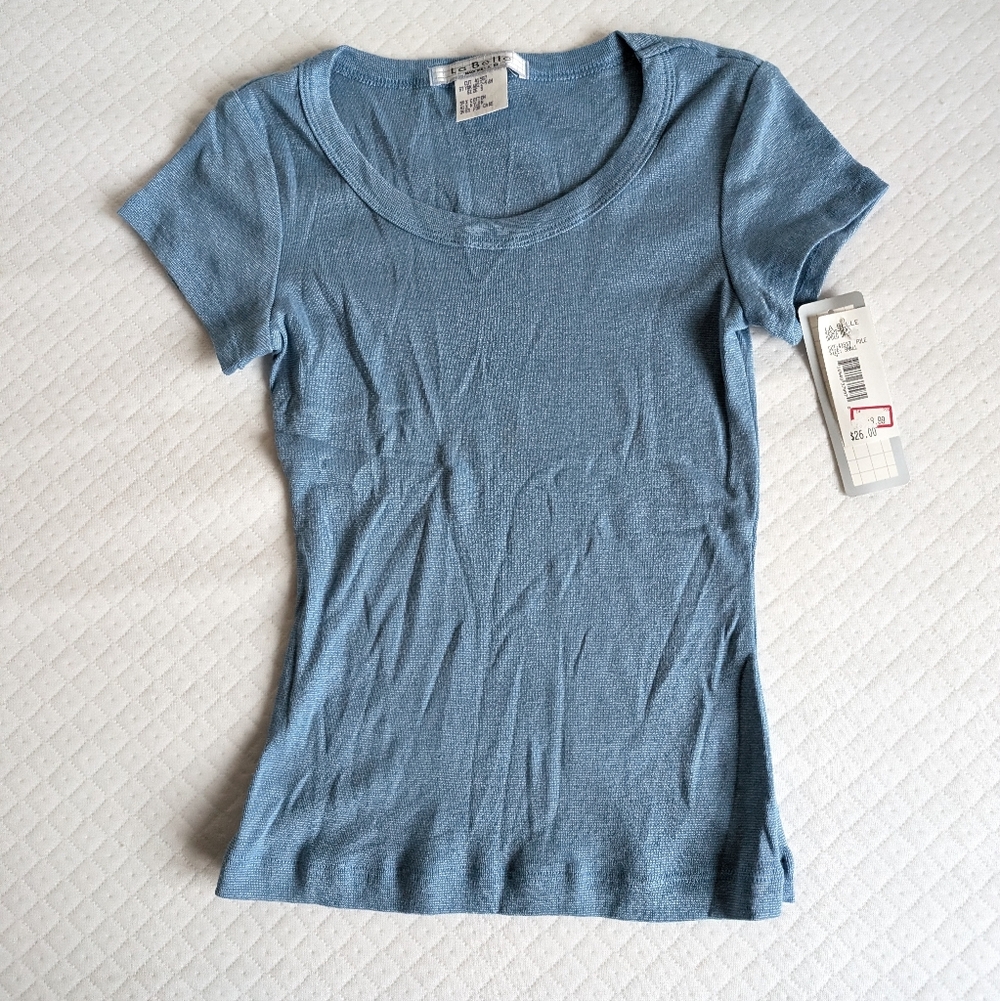 La Belle Sky Blue NWT Y2K Dead stock Knit Top Baby tee longline fitted, size S